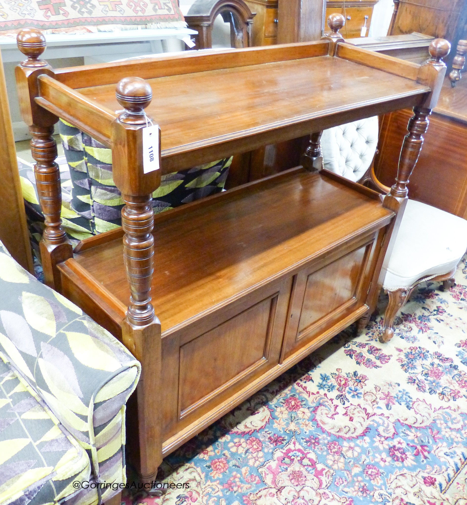 A late Victorian walnut buffet, length 104cm, depth 42cm, height 110cm